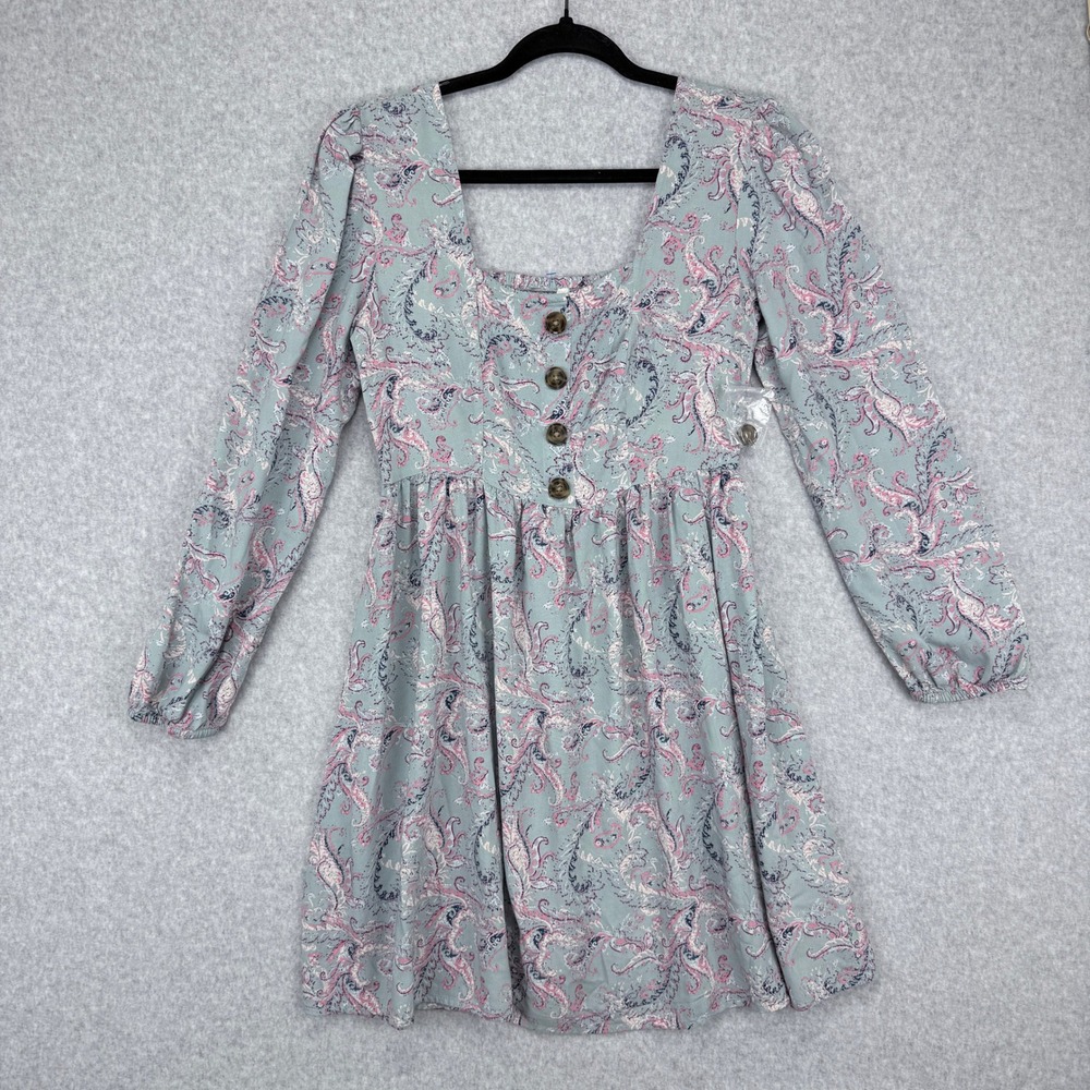 Mudd Paisley Mini Dress Womens Small Blue peasant Y2K fairy grunge Button Front